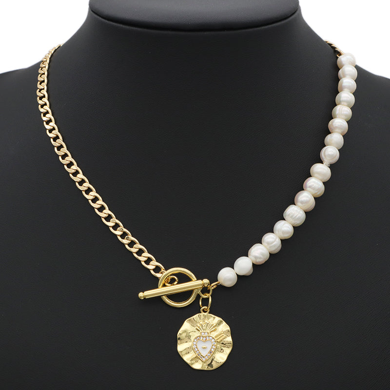 OT Buckle Chain Choker evil eyes pendant Fresh water pearl necklace OEM Factory Manufacture Gold plated Enamel Heart evil eyes Pendant necklace