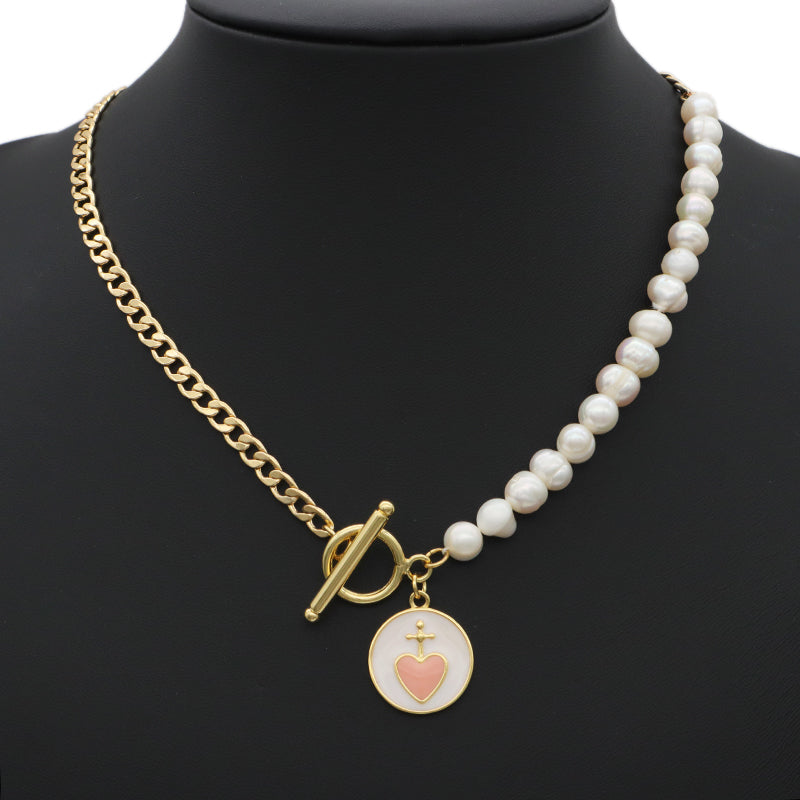 OT Buckle Chain Choker evil eyes pendant Fresh water pearl necklace OEM Factory Manufacture Gold plated Enamel Heart evil eyes Pendant necklace