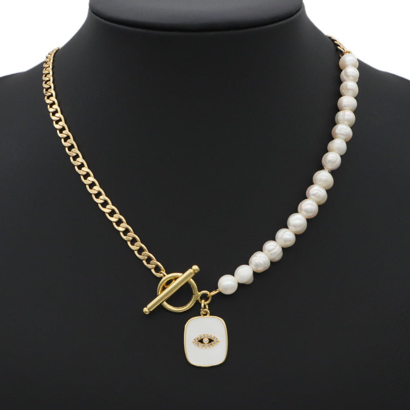 OT Buckle Chain Choker evil eyes pendant Fresh water pearl necklace OEM Factory Manufacture Gold plated Enamel Heart evil eyes Pendant necklace