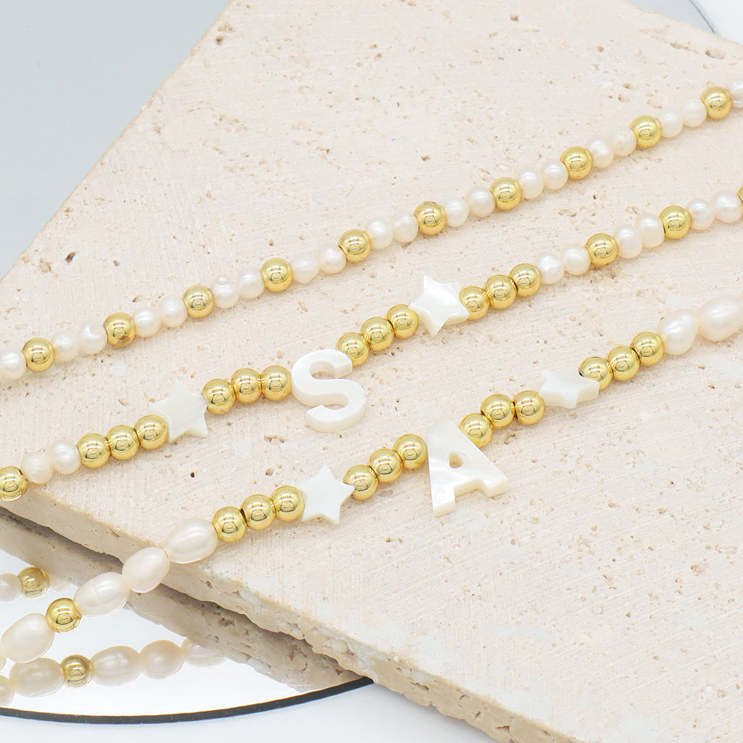 OEM Factory Manufacture Custom Elegant Women Girls Gold Plated Beads Choker accessory Jewelry Star fresh water pearl initial letter pendant necklace