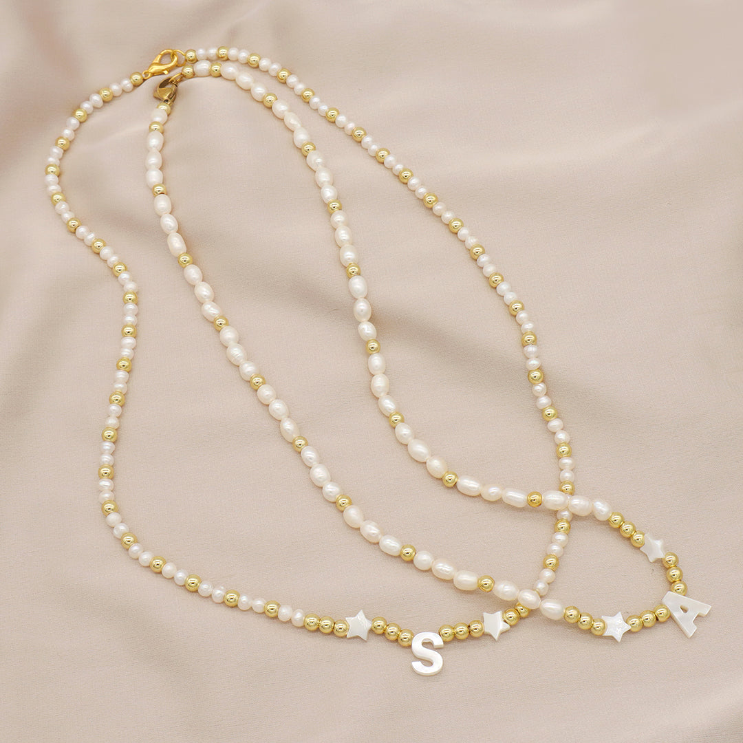 OEM Factory Manufacture Custom Elegant Women Girls Gold Plated Beads Choker accessory Jewelry Star fresh water pearl initial letter pendant necklace