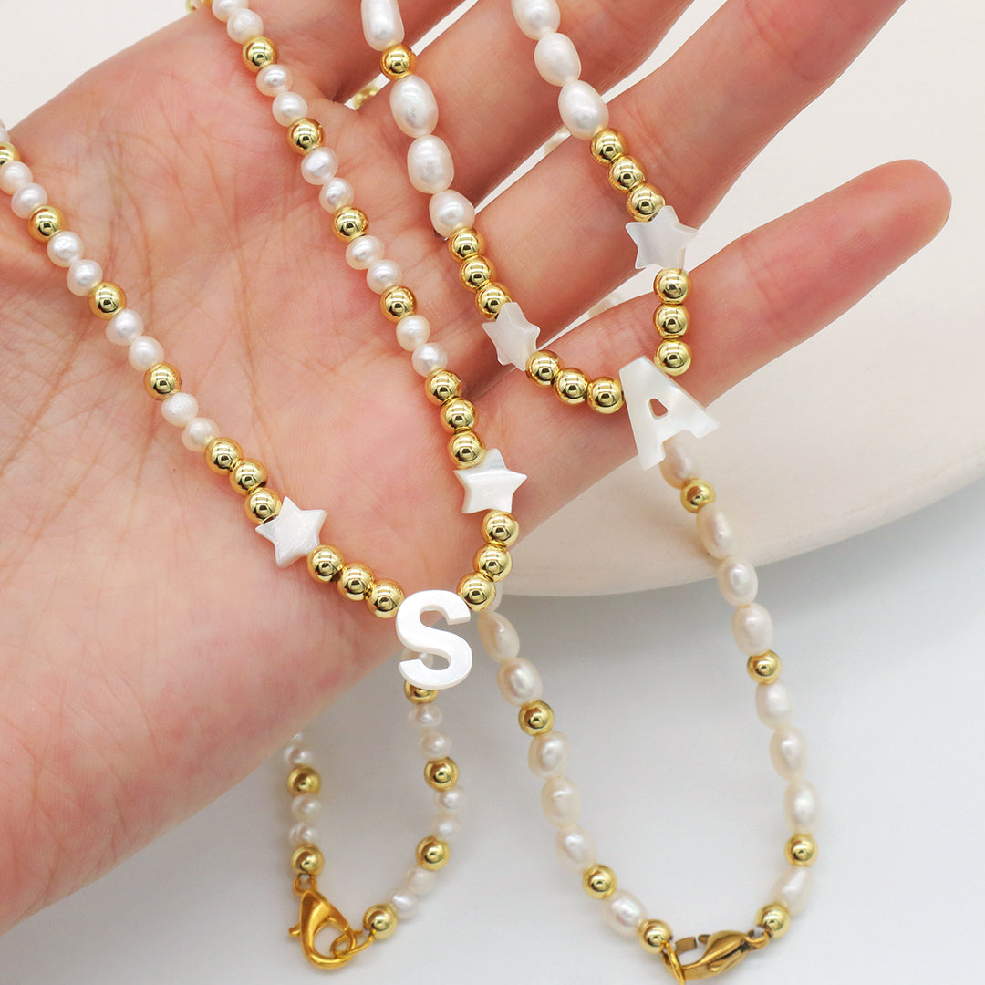 OEM Factory Manufacture Custom Elegant Women Girls Gold Plated Beads Choker accessory Jewelry Star fresh water pearl initial letter pendant necklace