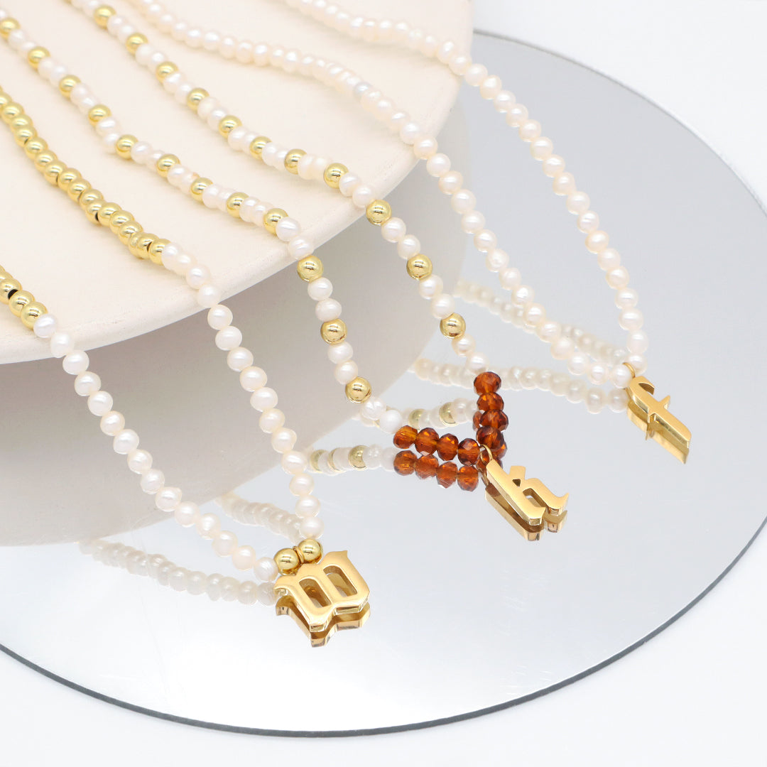 Fashion Women Jewelry Custom Glass Crystal Gold Plated Beads Choker necklace fresh water pearl initial letter pendant necklace