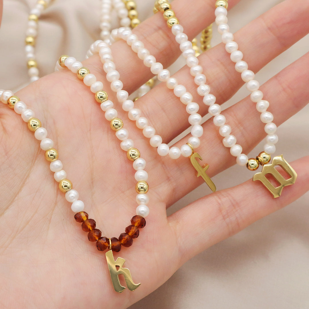 Fashion Women Jewelry Custom Glass Crystal Gold Plated Beads Choker necklace fresh water pearl initial letter pendant necklace