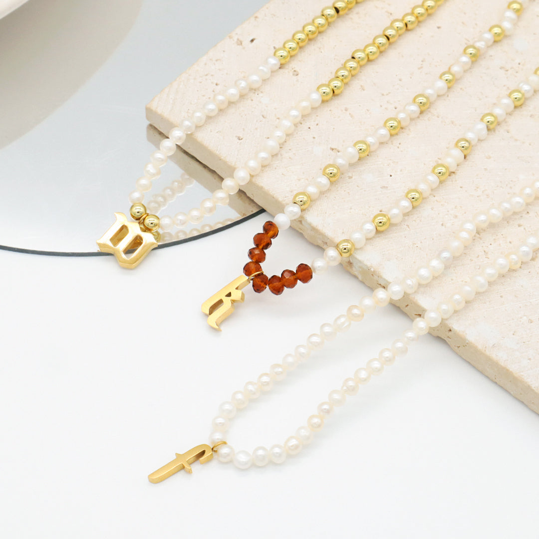 Fashion Women Jewelry Custom Glass Crystal Gold Plated Beads Choker necklace fresh water pearl initial letter pendant necklace