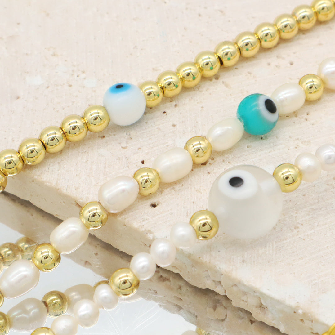 Handmade Custom Wholesale Women Girls fresh water pearl Choker Necklace Jewelry Gold Plated Beads evil eyes necklace
