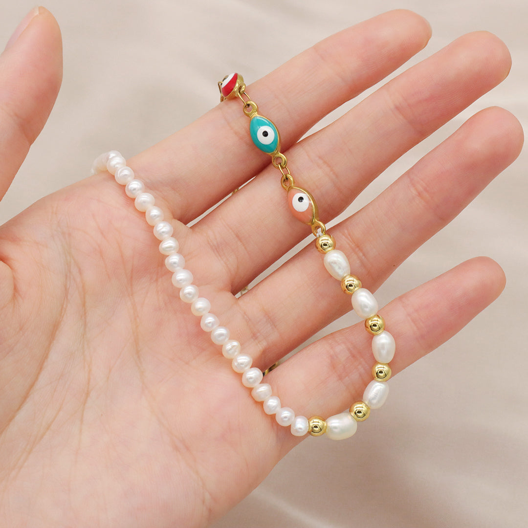 Newest Customized Jewelry OEM Gold Plated Stainless steel enamel evil eyes chain Handmade freshwater pearl Choker necklace for women