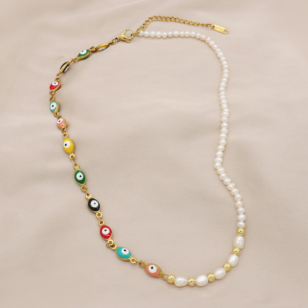 Newest Customized Jewelry OEM Gold Plated Stainless steel enamel evil eyes chain Handmade freshwater pearl Choker necklace for women