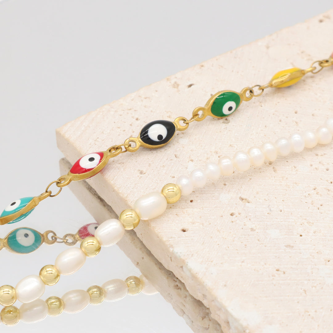Newest Customized Jewelry OEM Gold Plated Stainless steel enamel evil eyes chain Handmade freshwater pearl Choker necklace for women