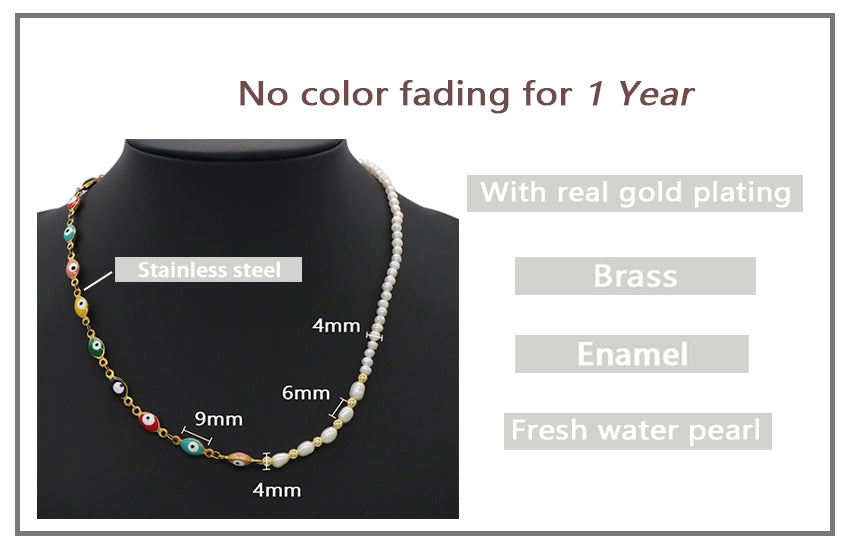 Newest Customized Jewelry OEM Gold Plated Stainless steel enamel evil eyes chain Handmade freshwater pearl Choker necklace for women