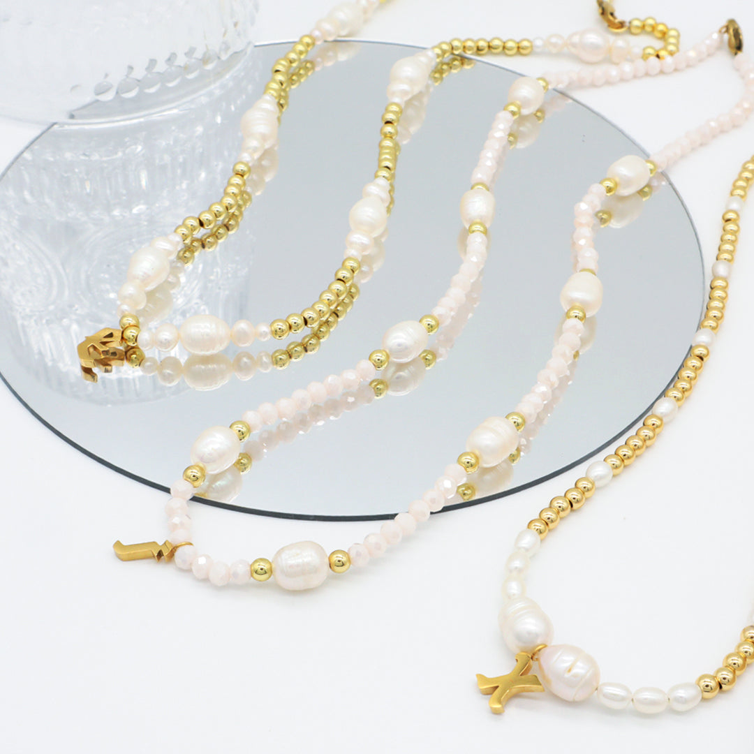 Fashion Women Customized Gold Plated Stainless Steel pendant Jewelry Handmade Glass Crystal fresh water pearl Beads necklace