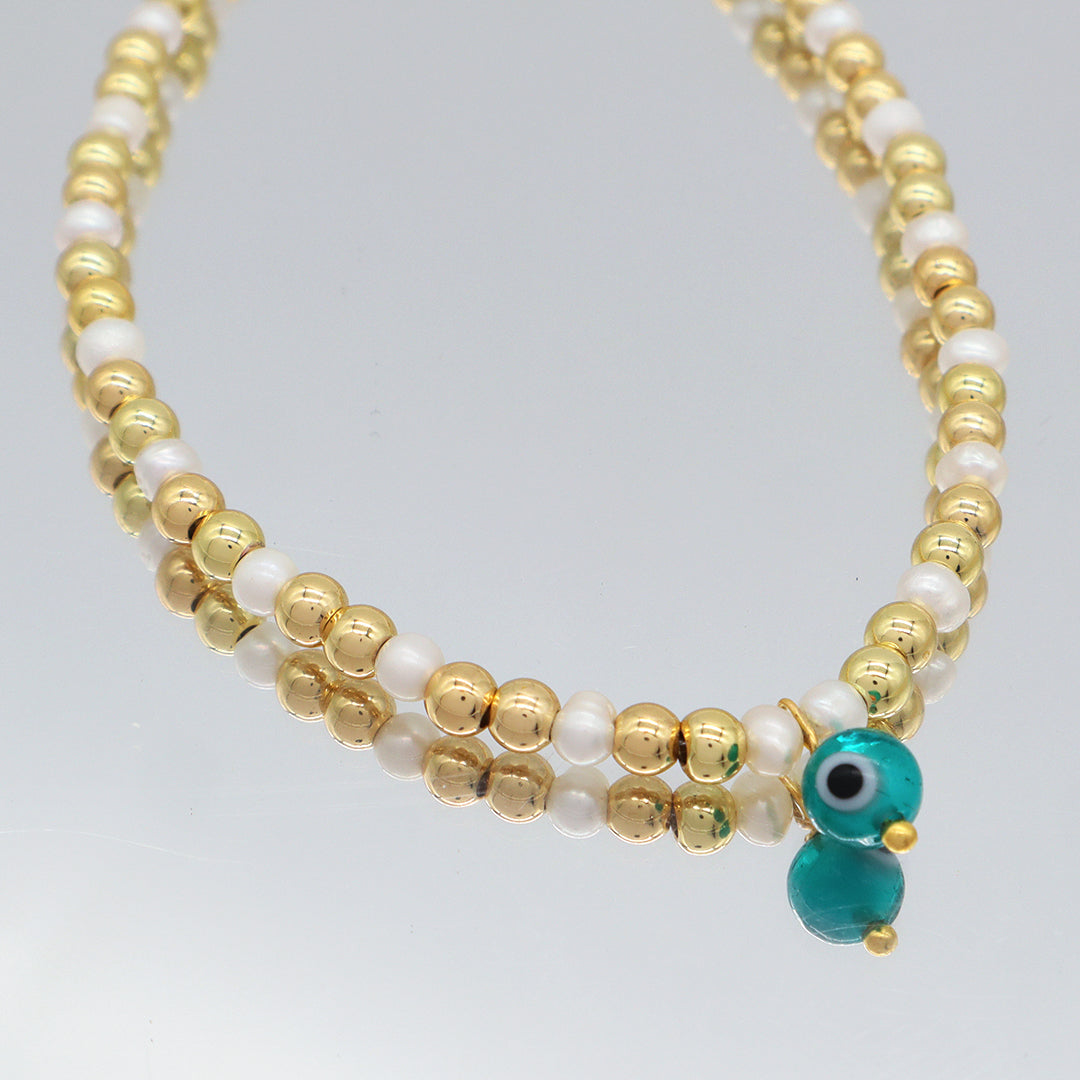 2022 New Wholesale Custom Miss Jewelry Handmade Gold Plated Beads fresh water pearl Coloured Glaze evil eyes pendant necklace