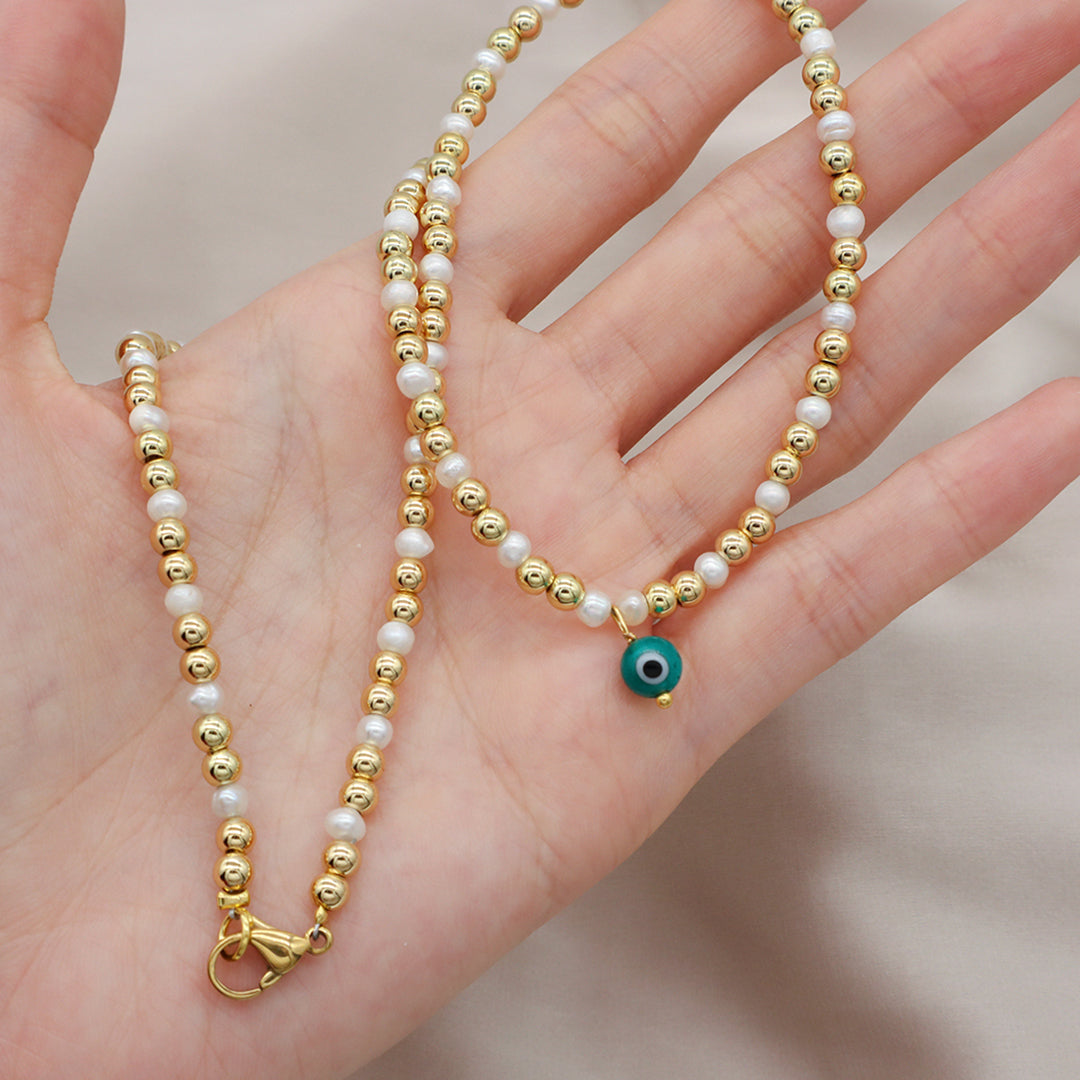 2022 New Wholesale Custom Miss Jewelry Handmade Gold Plated Beads fresh water pearl Coloured Glaze evil eyes pendant necklace