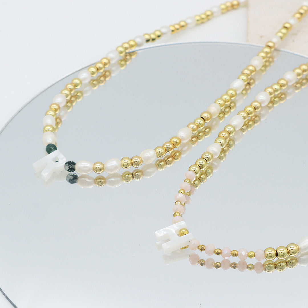 Women Custom Handmade Jewelry Glass Crystal Gold Plated Beads natural stones necklace fresh water pearl initial Letter necklace