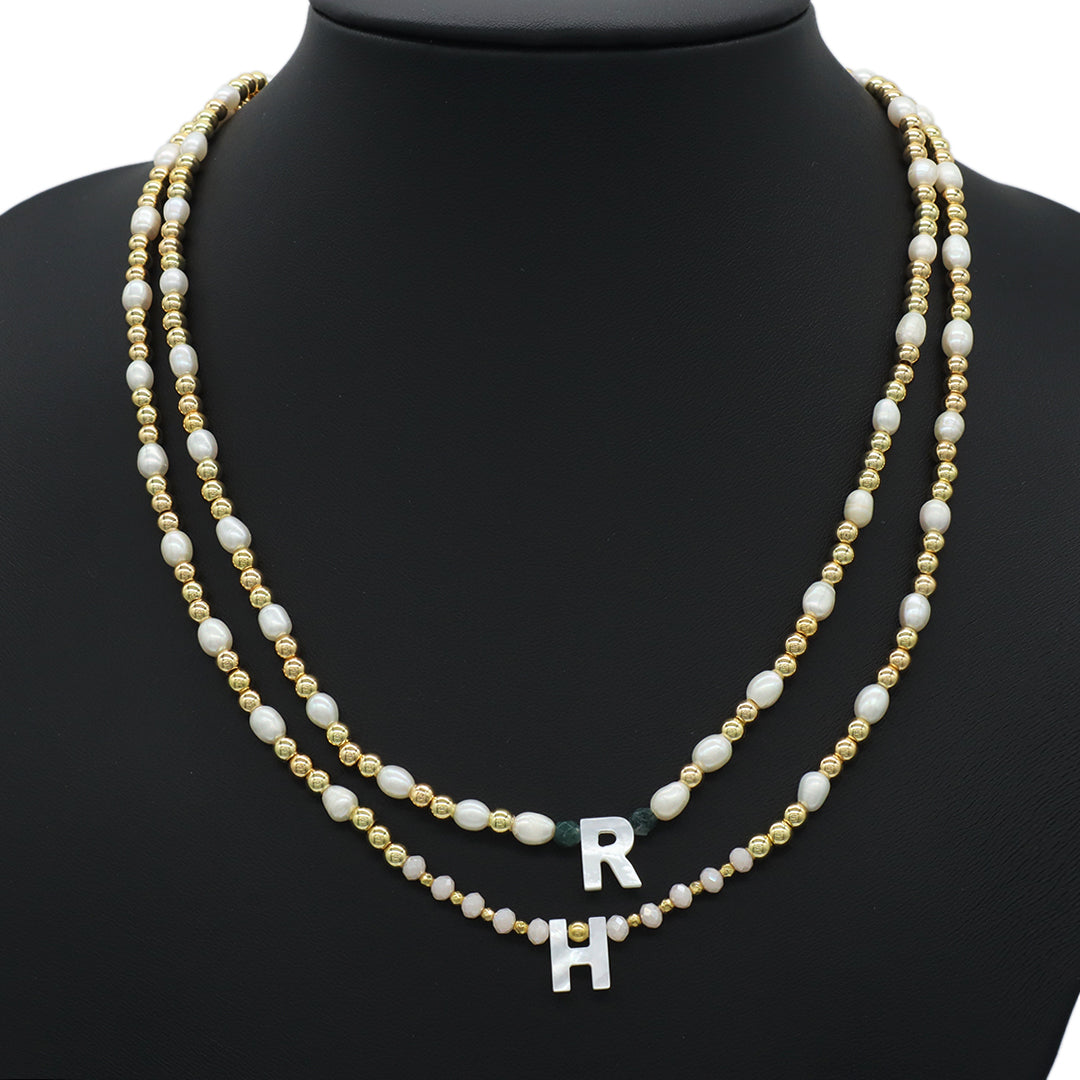 Women Custom Handmade Jewelry Glass Crystal Gold Plated Beads natural stones necklace fresh water pearl initial Letter necklace
