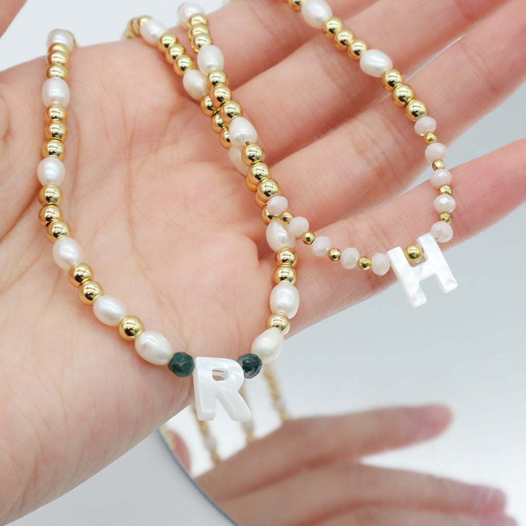 Women Custom Handmade Jewelry Glass Crystal Gold Plated Beads natural stones necklace fresh water pearl initial Letter necklace