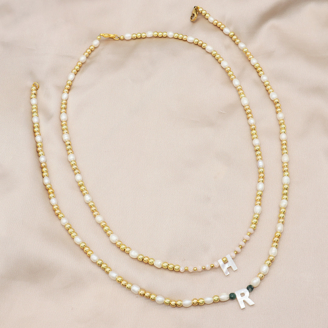 Women Custom Handmade Jewelry Glass Crystal Gold Plated Beads natural stones necklace fresh water pearl initial Letter necklace