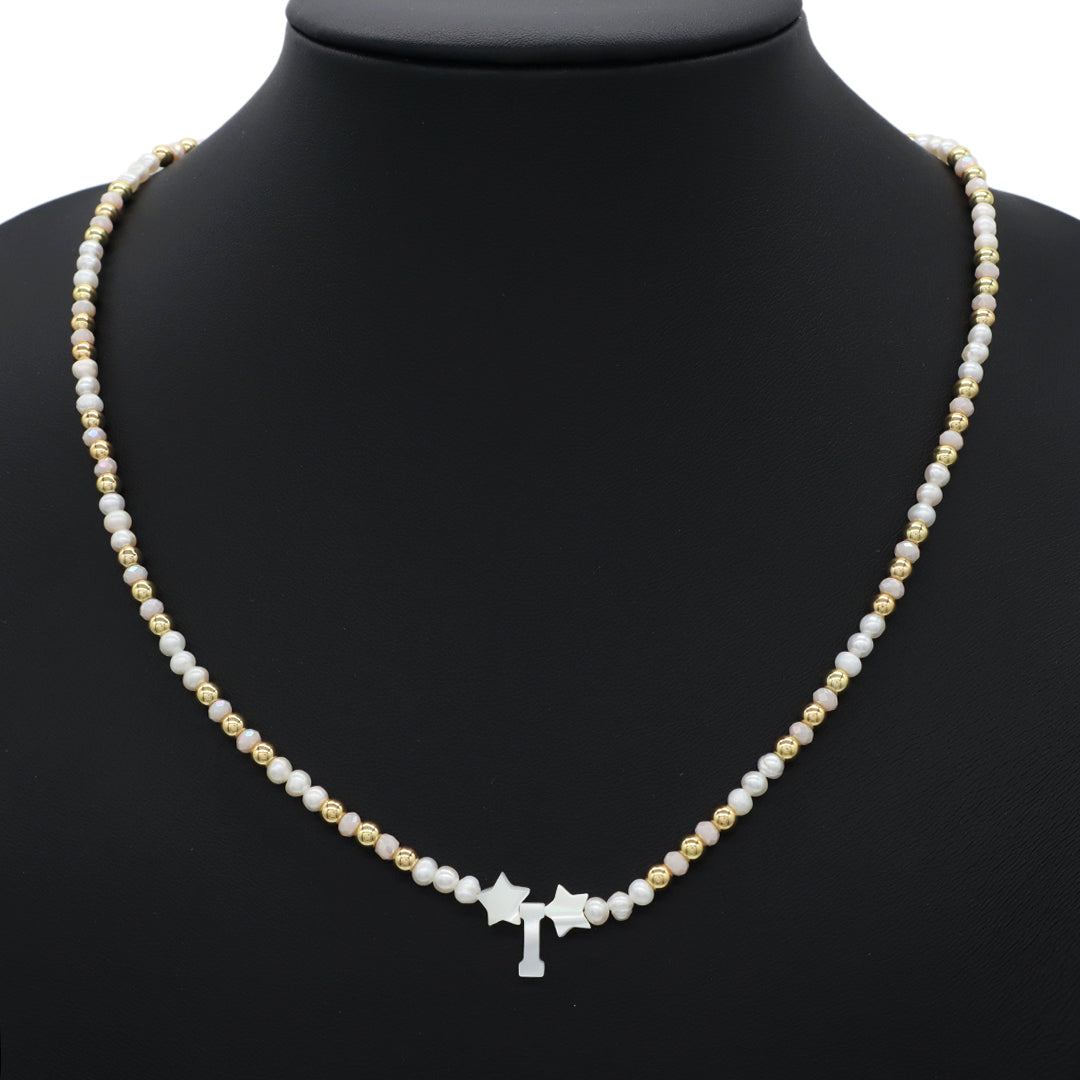 Trendy Jewelry OEM Wholesale Custom fresh water pearl initial letter pendant necklace Handmade Glass Crystal Gold Plated Beads Pearl necklace