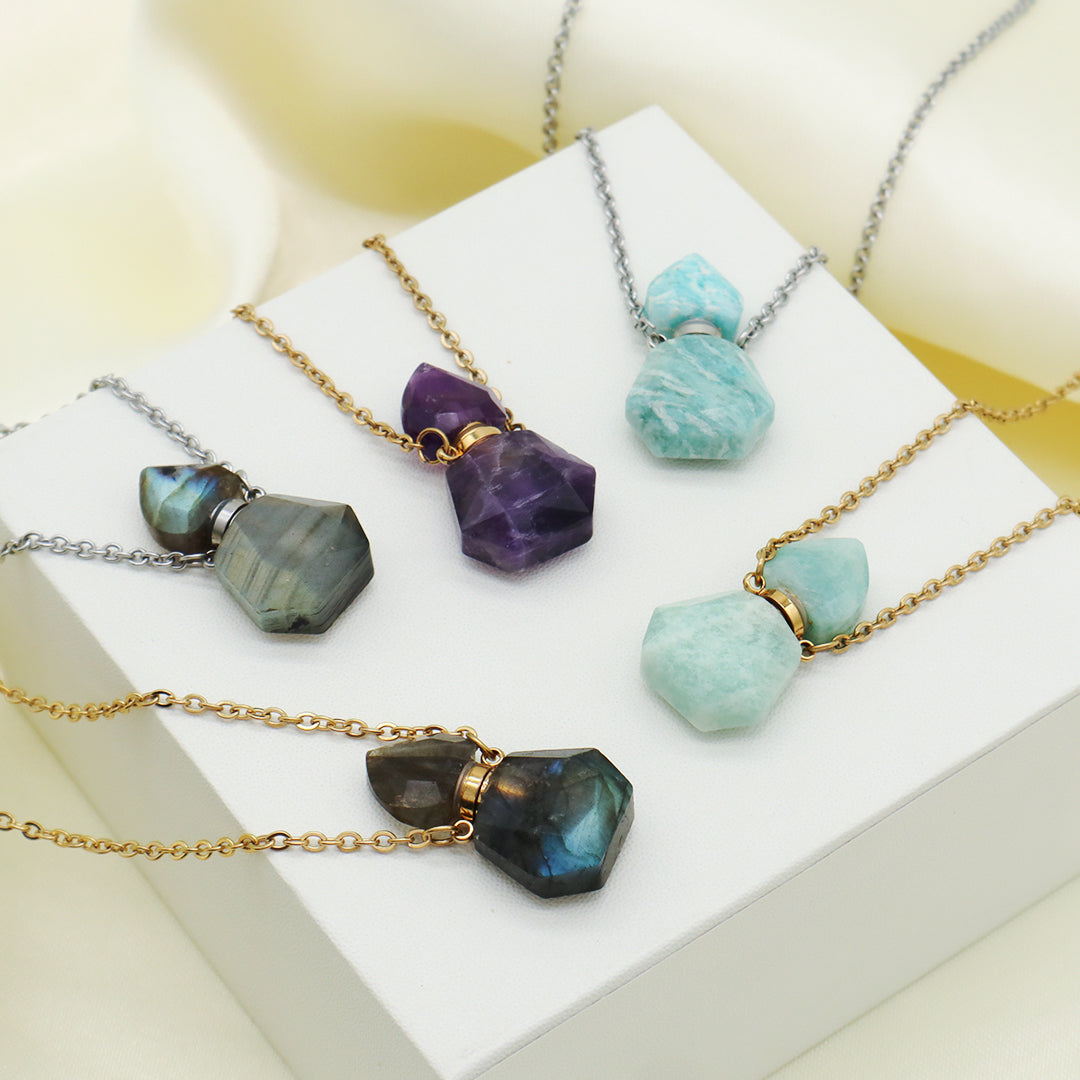 Wholesale Various Custom Manufacture Women Gift Gold plated stainless steel Chain Natural Stone perfume bottle pendant necklace