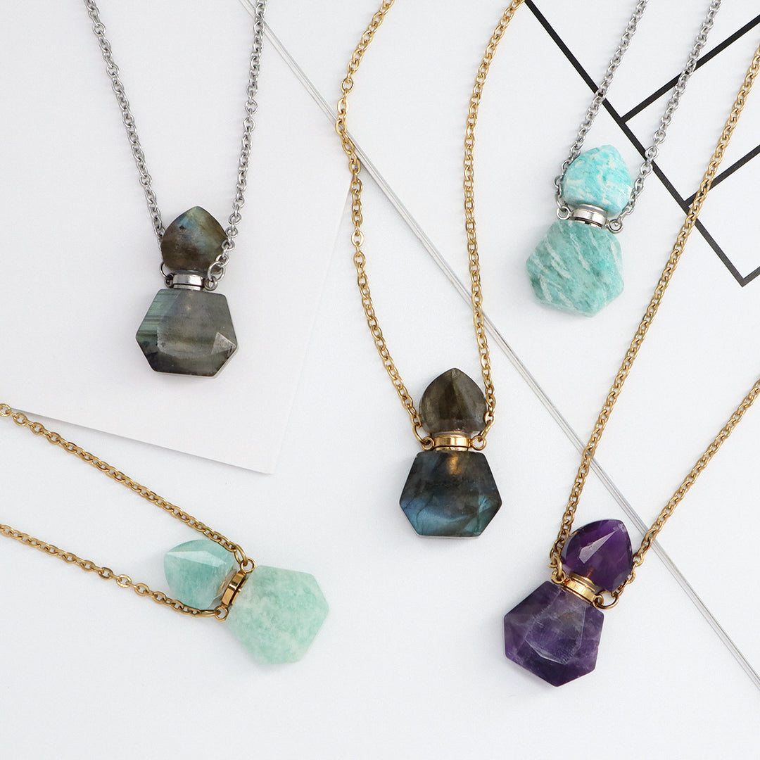Wholesale Various Custom Manufacture Women Gift Gold plated stainless steel Chain Natural Stone perfume bottle pendant necklace