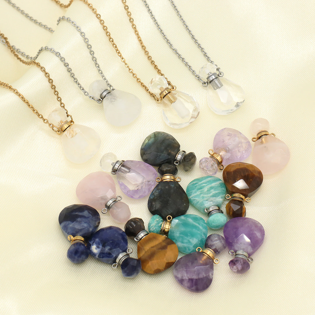 Various Color Custom Natural Stone Charm 18K Gold Plated stainless steel Chain perfume bottle pendant necklace for Women Gift