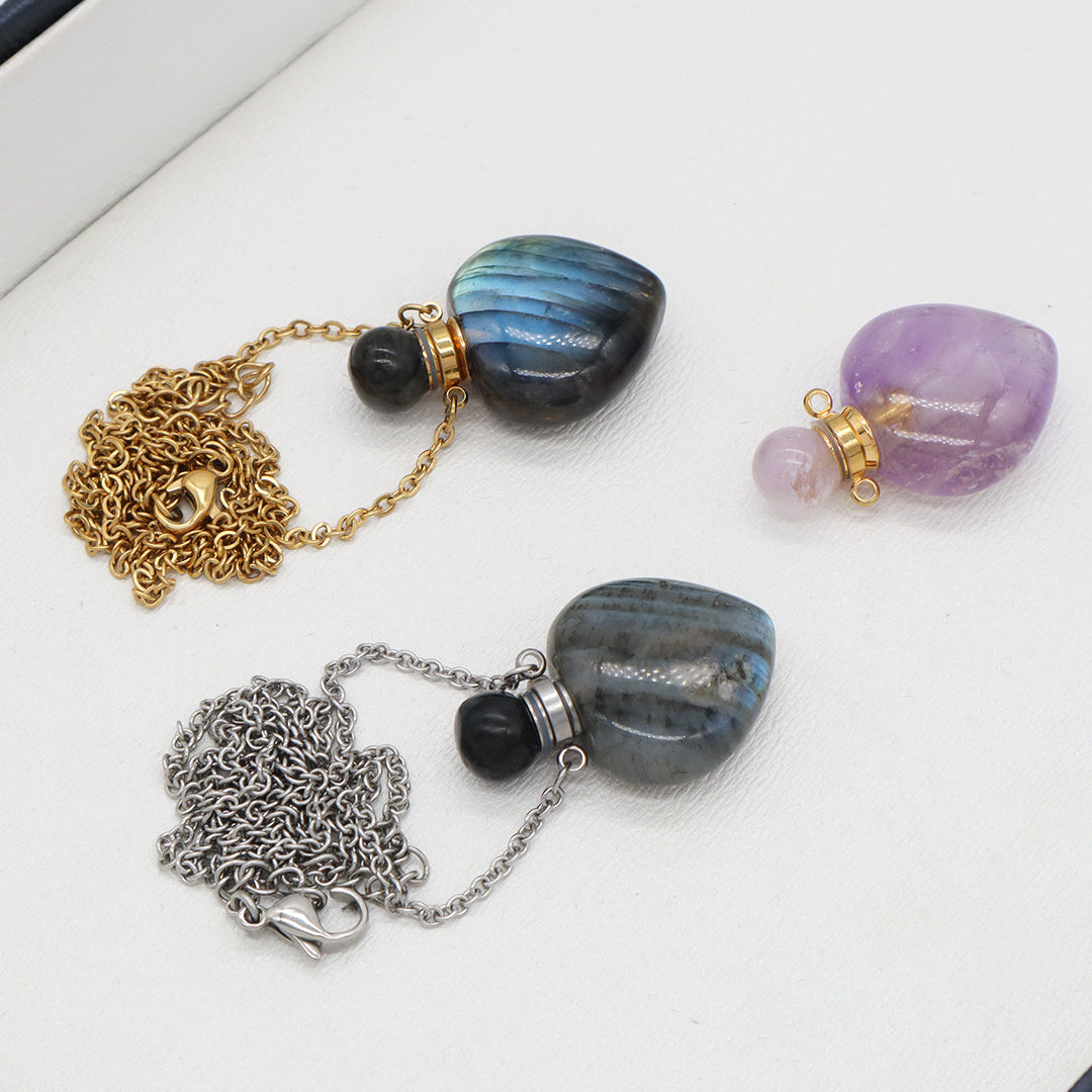 Custom Women Gift Jewelry Wholesale Blue Pink Natural Stone Pendant Gold plated stainless steel Chain perfume bottle necklace