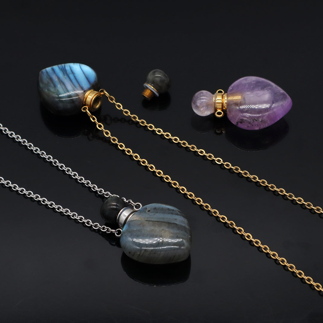 Custom Women Gift Jewelry Wholesale Blue Pink Natural Stone Pendant Gold plated stainless steel Chain perfume bottle necklace