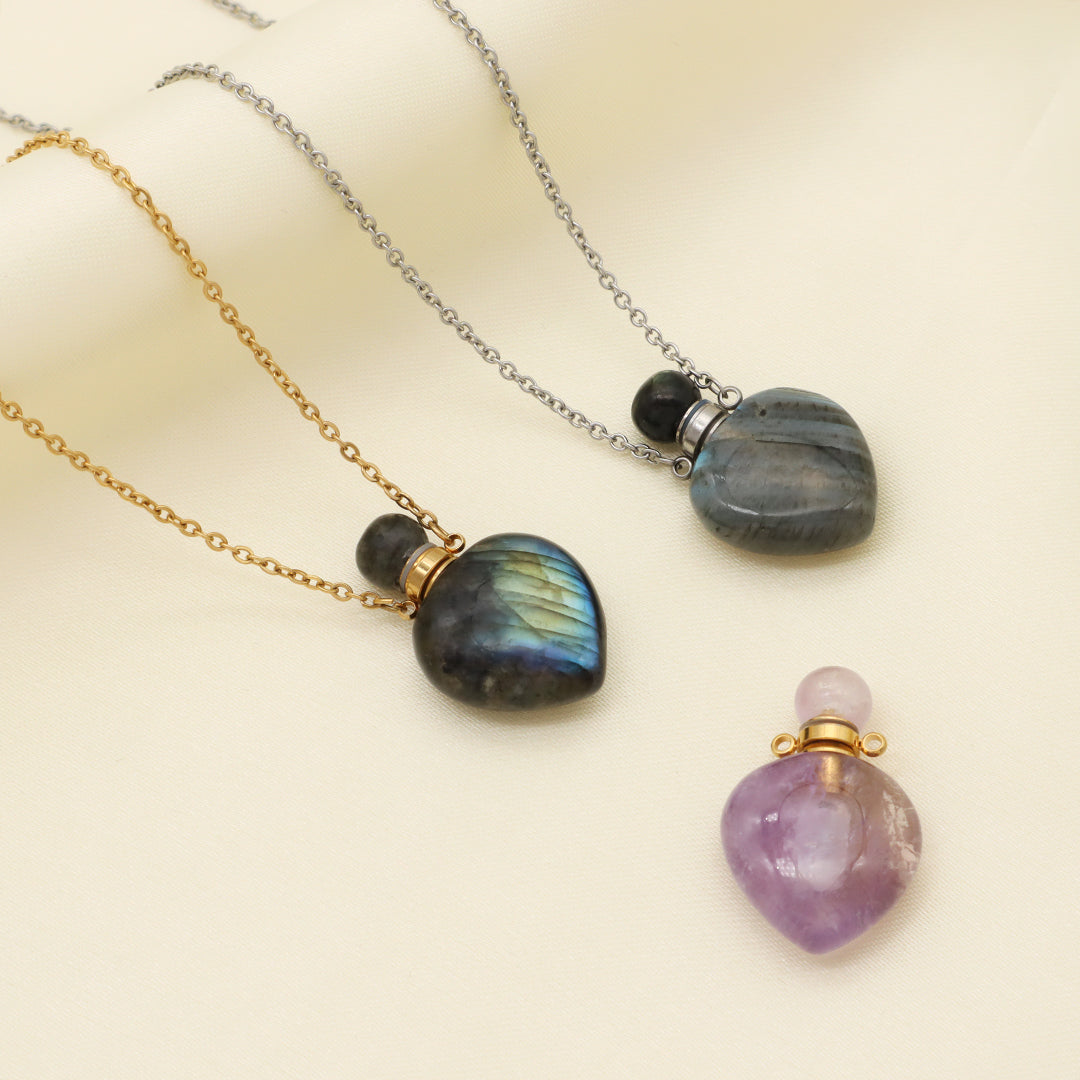 Custom Women Gift Jewelry Wholesale Blue Pink Natural Stone Pendant Gold plated stainless steel Chain perfume bottle necklace