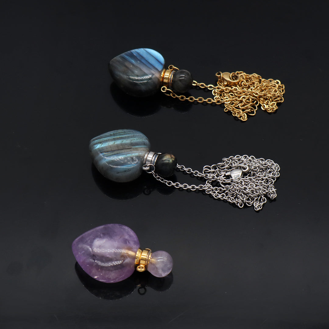 Custom Women Gift Jewelry Wholesale Blue Pink Natural Stone Pendant Gold plated stainless steel Chain perfume bottle necklace