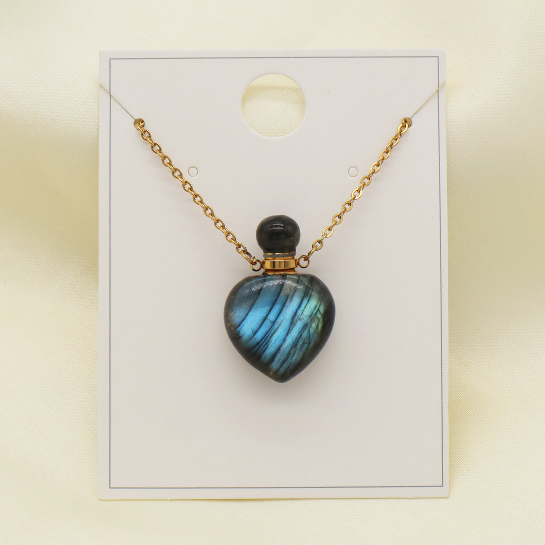 Custom Women Gift Jewelry Wholesale Blue Pink Natural Stone Pendant Gold plated stainless steel Chain perfume bottle necklace