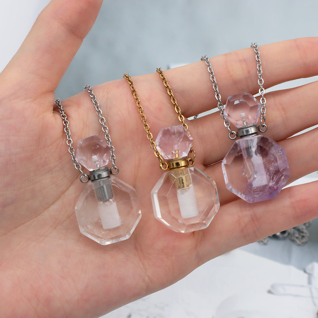 Custom Women Gift Jewelry perfume bottle Pendant necklace 18K Gold Plated stainless steel Chain Genuine Natural Stone Necklace