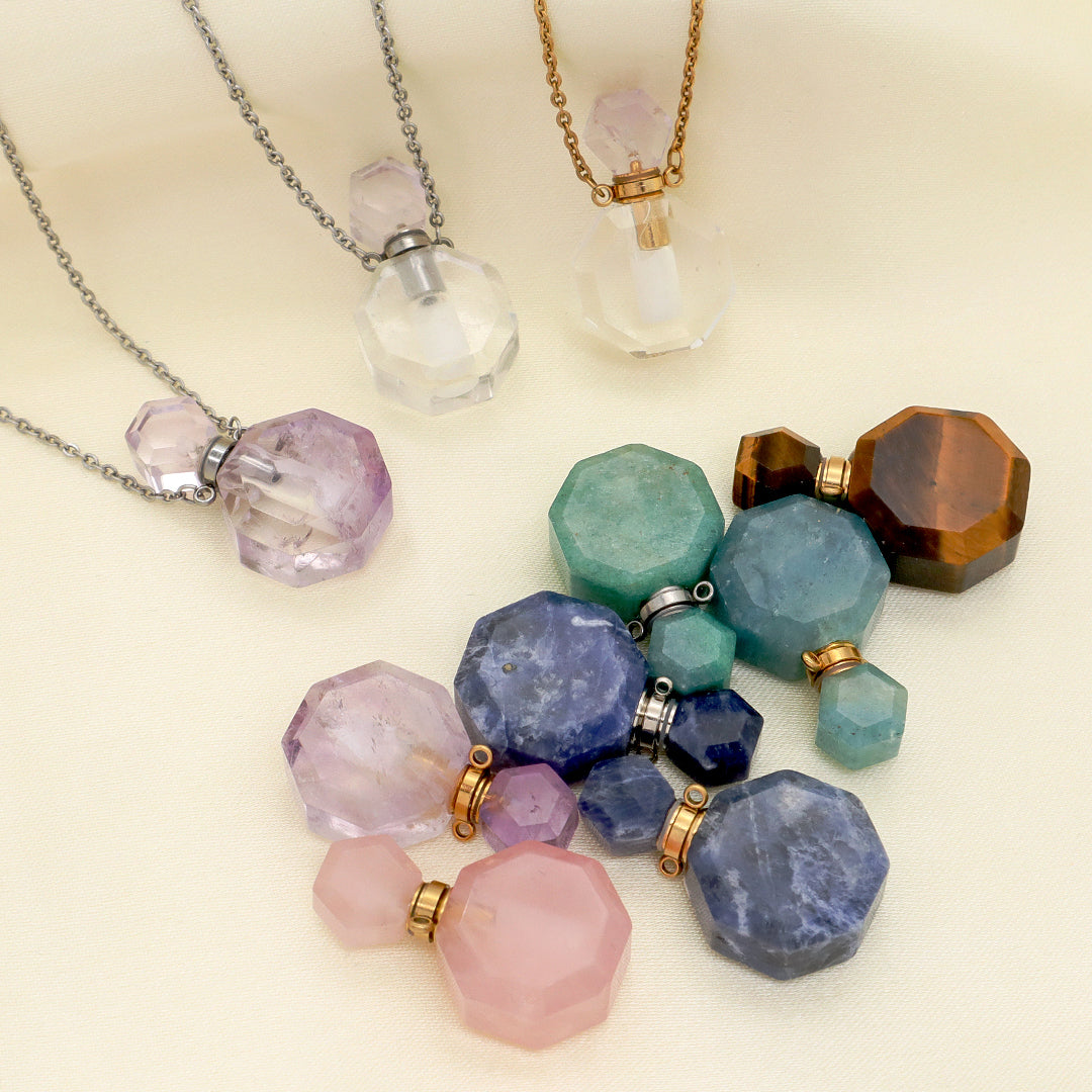 Custom Women Gift Jewelry perfume bottle Pendant necklace 18K Gold Plated stainless steel Chain Genuine Natural Stone Necklace