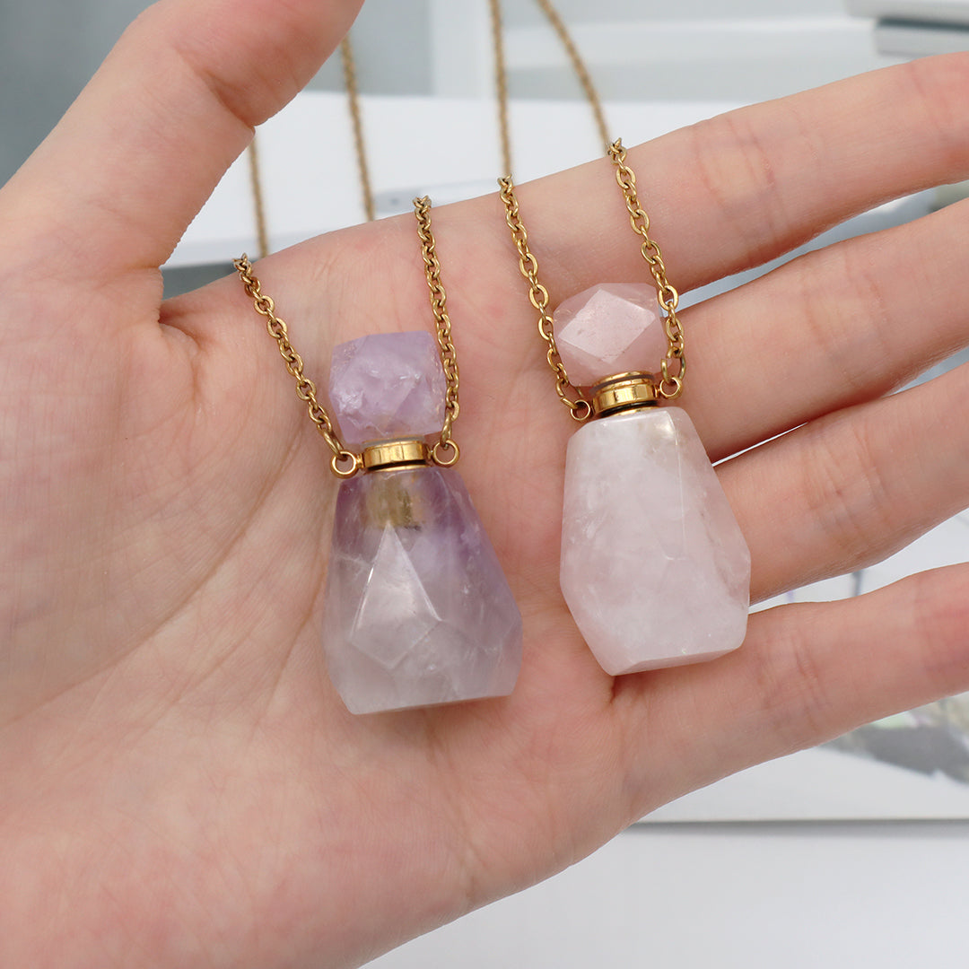 New Arrival 18K Gold plated stainless steel Chain Pink Purple Perfume Bottle Pendant Charm Natural Stone Necklace for Women Gift
