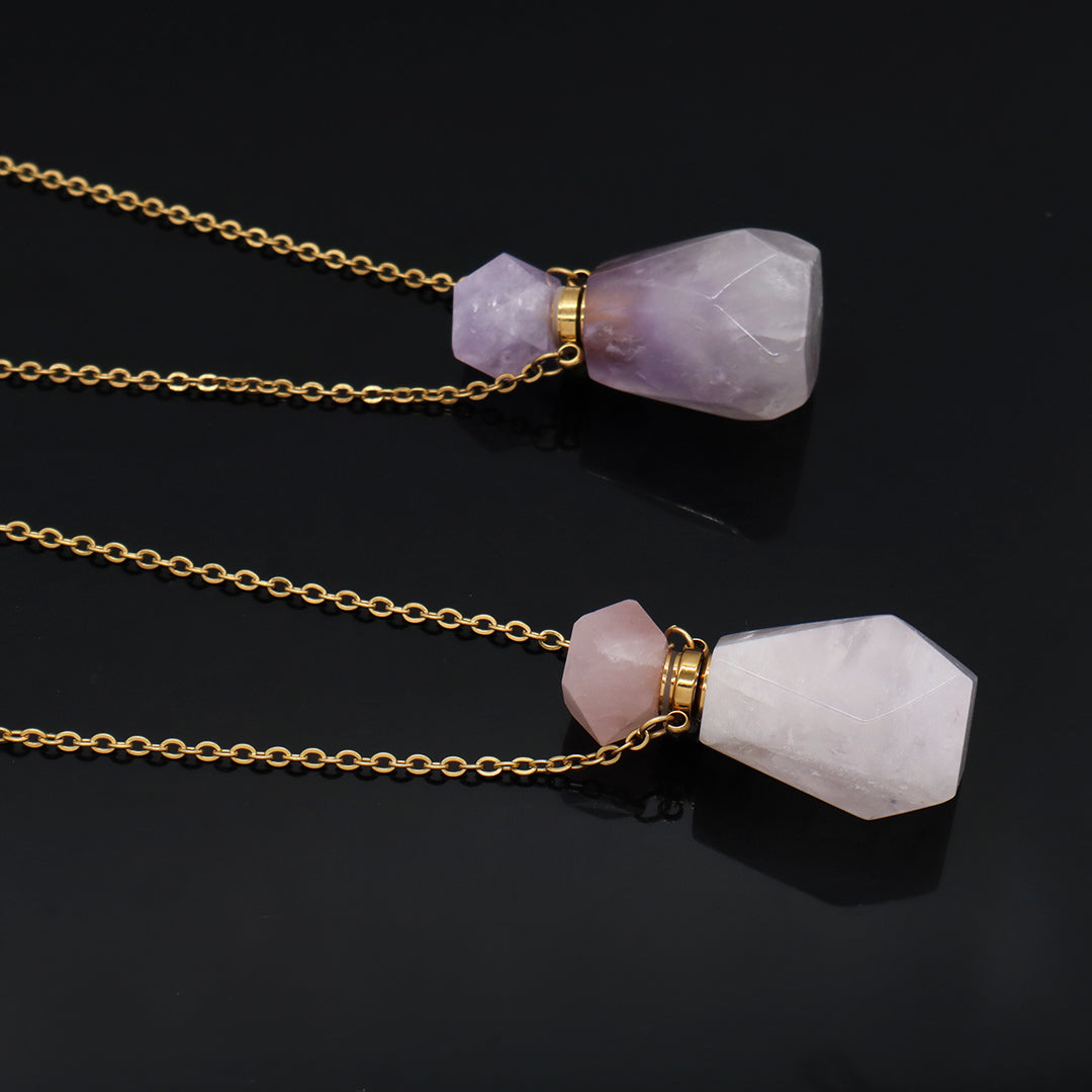 New Arrival 18K Gold plated stainless steel Chain Pink Purple Perfume Bottle Pendant Charm Natural Stone Necklace for Women Gift