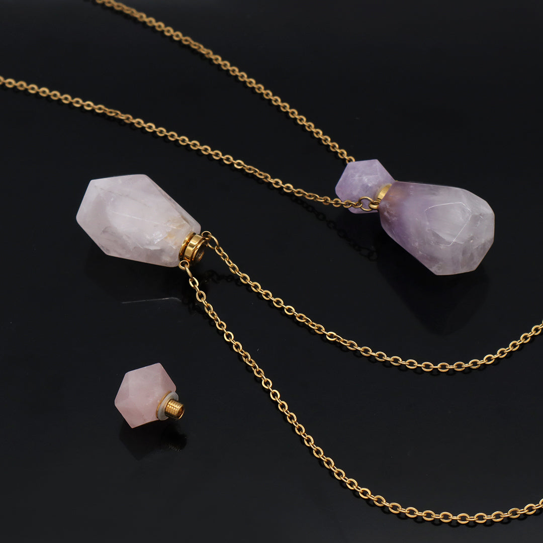 New Arrival 18K Gold plated stainless steel Chain Pink Purple Perfume Bottle Pendant Charm Natural Stone Necklace for Women Gift