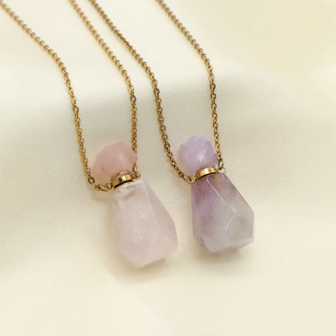New Arrival 18K Gold plated stainless steel Chain Pink Purple Perfume Bottle Pendant Charm Natural Stone Necklace for Women Gift