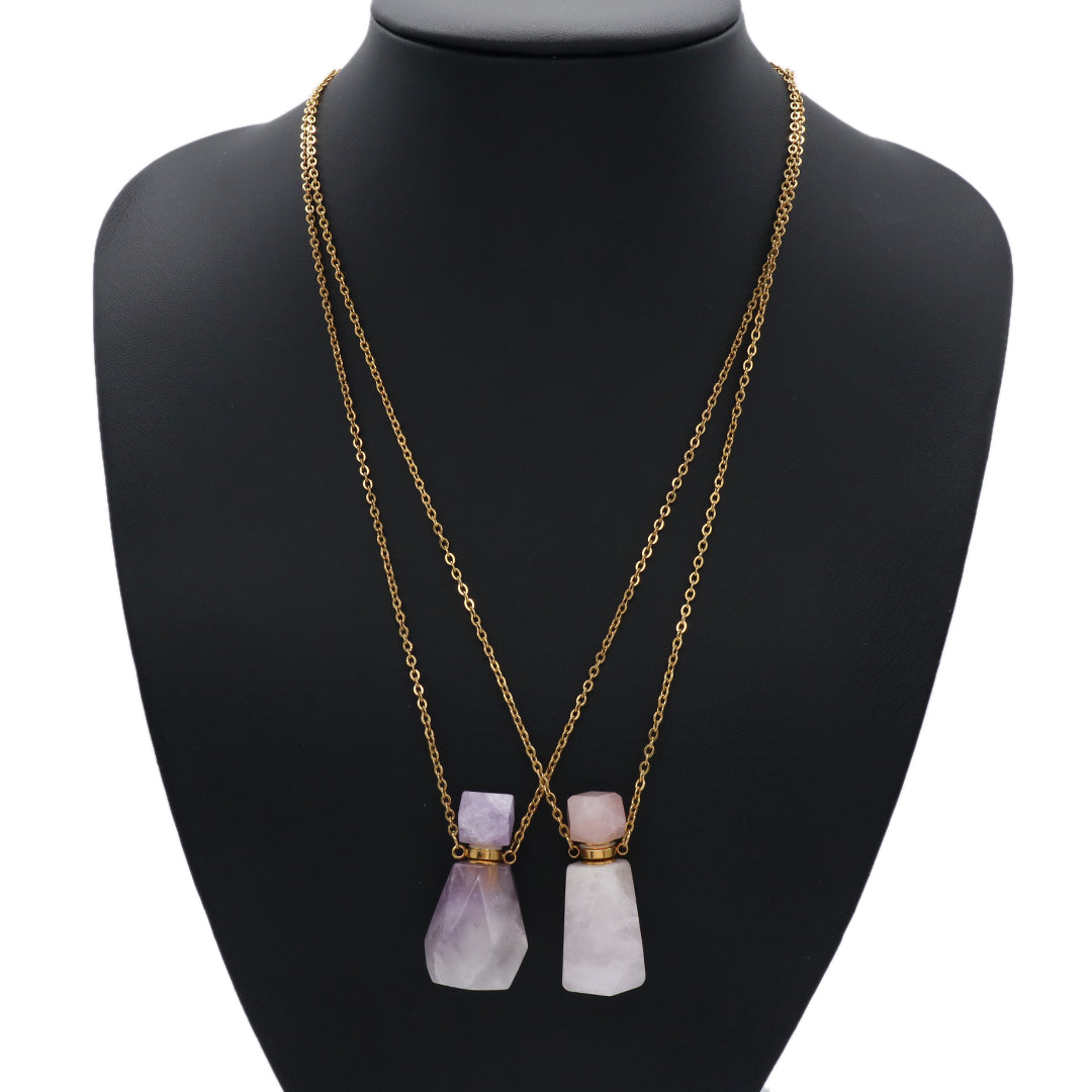 New Arrival 18K Gold plated stainless steel Chain Pink Purple Perfume Bottle Pendant Charm Natural Stone Necklace for Women Gift