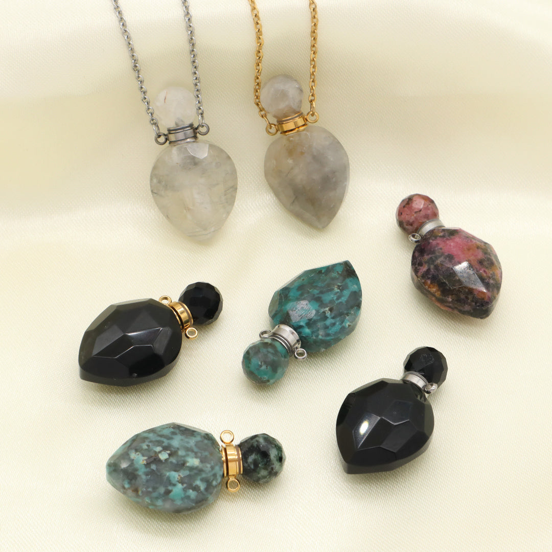 Black Blue Natural Stone Custom Women Gift Essentioal oil Pendant 18K Gold Plated stainless steel Chain Perfume Bottle Necklace