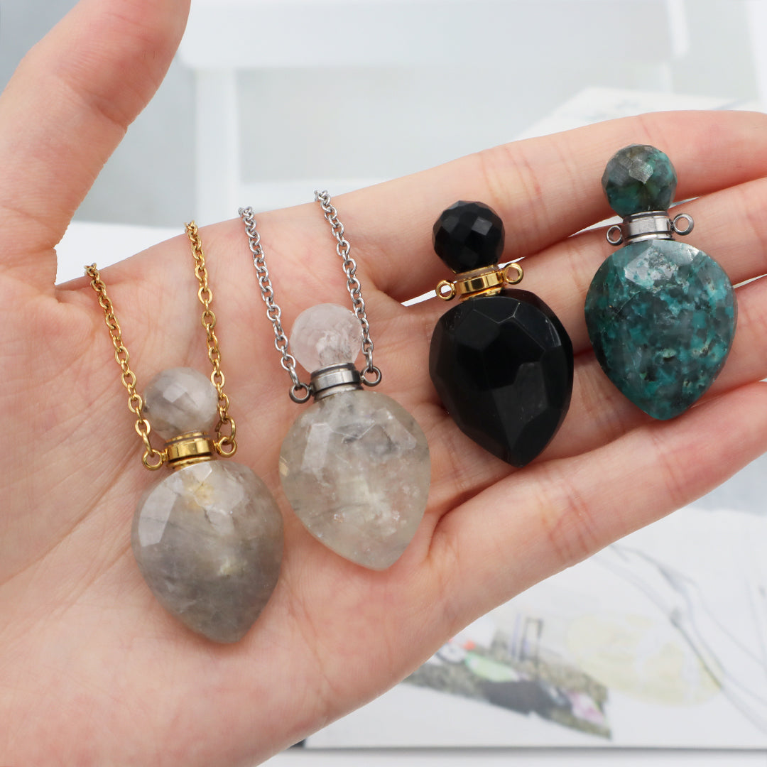 Black Blue Natural Stone Custom Women Gift Essentioal oil Pendant 18K Gold Plated stainless steel Chain Perfume Bottle Necklace