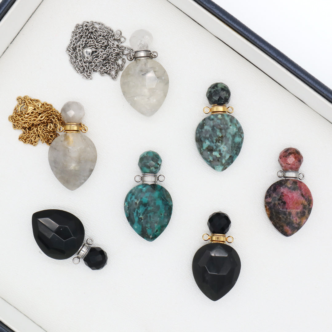 Black Blue Natural Stone Custom Women Gift Essentioal oil Pendant 18K Gold Plated stainless steel Chain Perfume Bottle Necklace