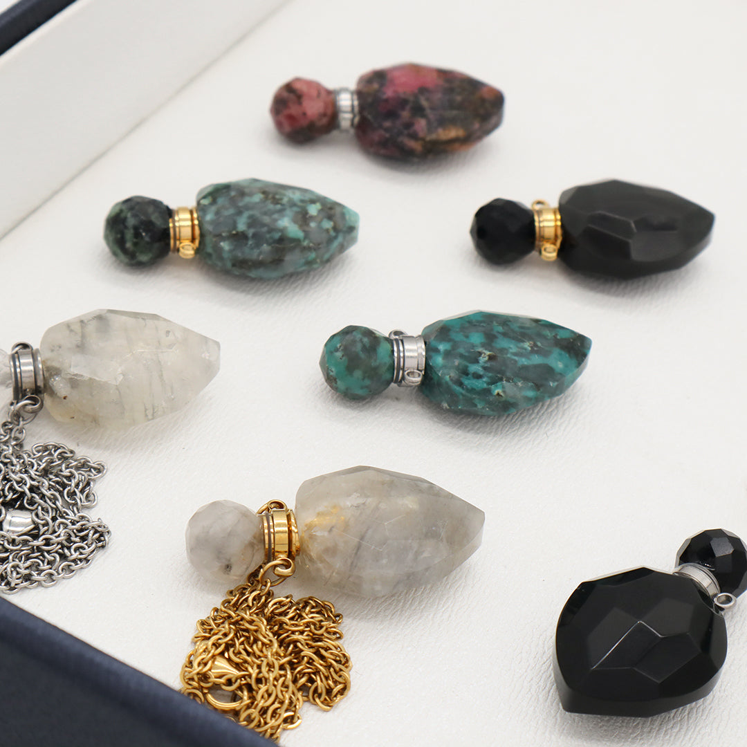 Black Blue Natural Stone Custom Women Gift Essentioal oil Pendant 18K Gold Plated stainless steel Chain Perfume Bottle Necklace