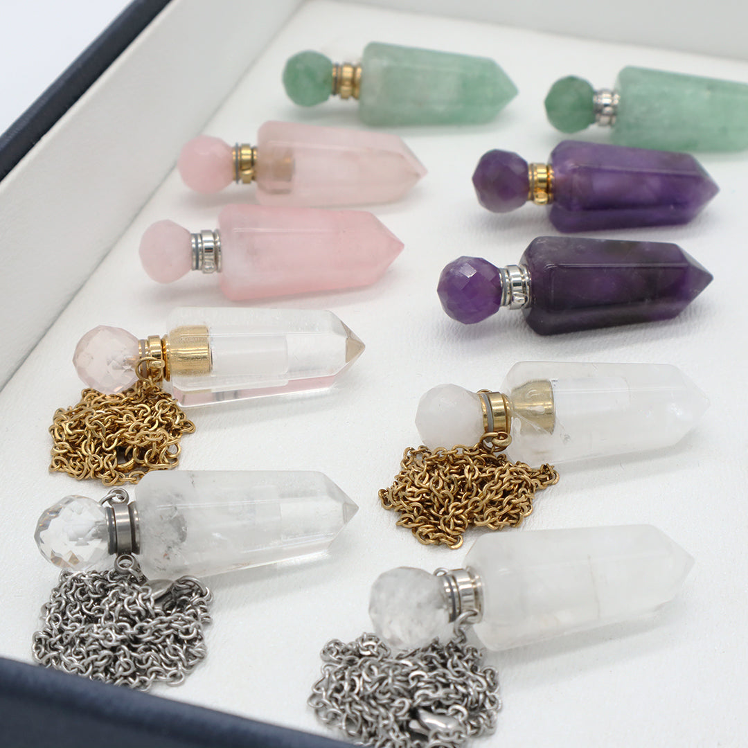 Purple Pink Green Natural Stone Jewelry 18K Gold Plated stainless steel Chain essential oil perfume bottle Pendant Necklace