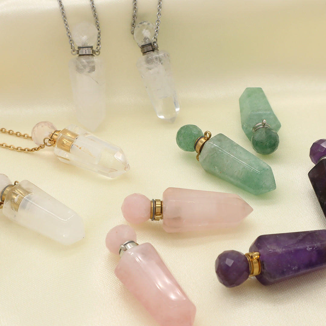 Purple Pink Green Natural Stone Jewelry 18K Gold Plated stainless steel Chain essential oil perfume bottle Pendant Necklace