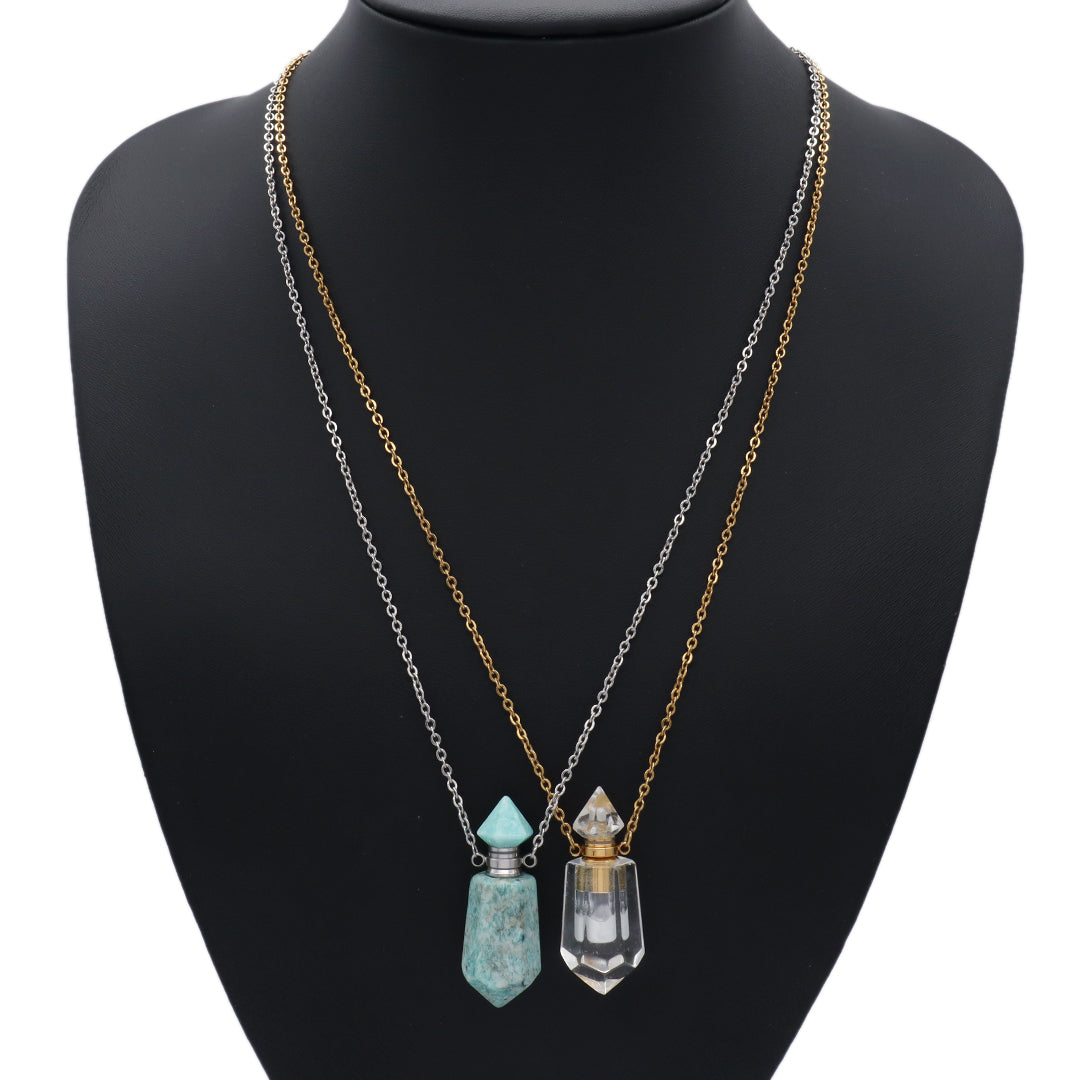 Custom Perfume Bottle 18K Gold plated stainless steel Chain light amethyst clear quartz amazonite onyx Natural Stone Necklace