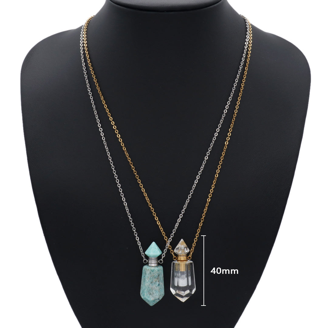 Custom Perfume Bottle 18K Gold plated stainless steel Chain light amethyst clear quartz amazonite onyx Natural Stone Necklace