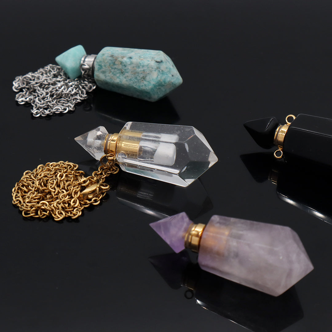 Custom Perfume Bottle 18K Gold plated stainless steel Chain light amethyst clear quartz amazonite onyx Natural Stone Necklace