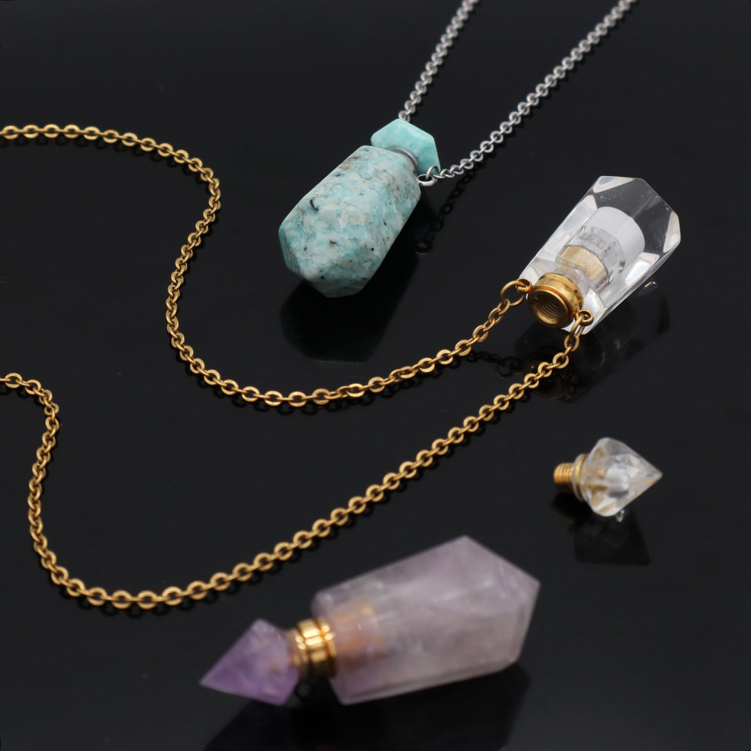 Custom Perfume Bottle 18K Gold plated stainless steel Chain light amethyst clear quartz amazonite onyx Natural Stone Necklace