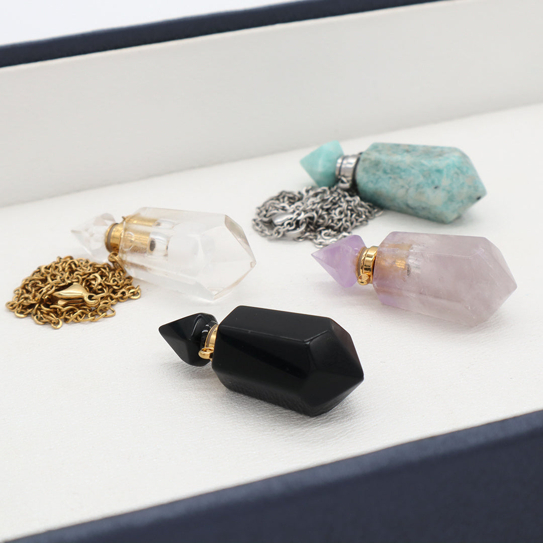 Custom Perfume Bottle 18K Gold plated stainless steel Chain light amethyst clear quartz amazonite onyx Natural Stone Necklace