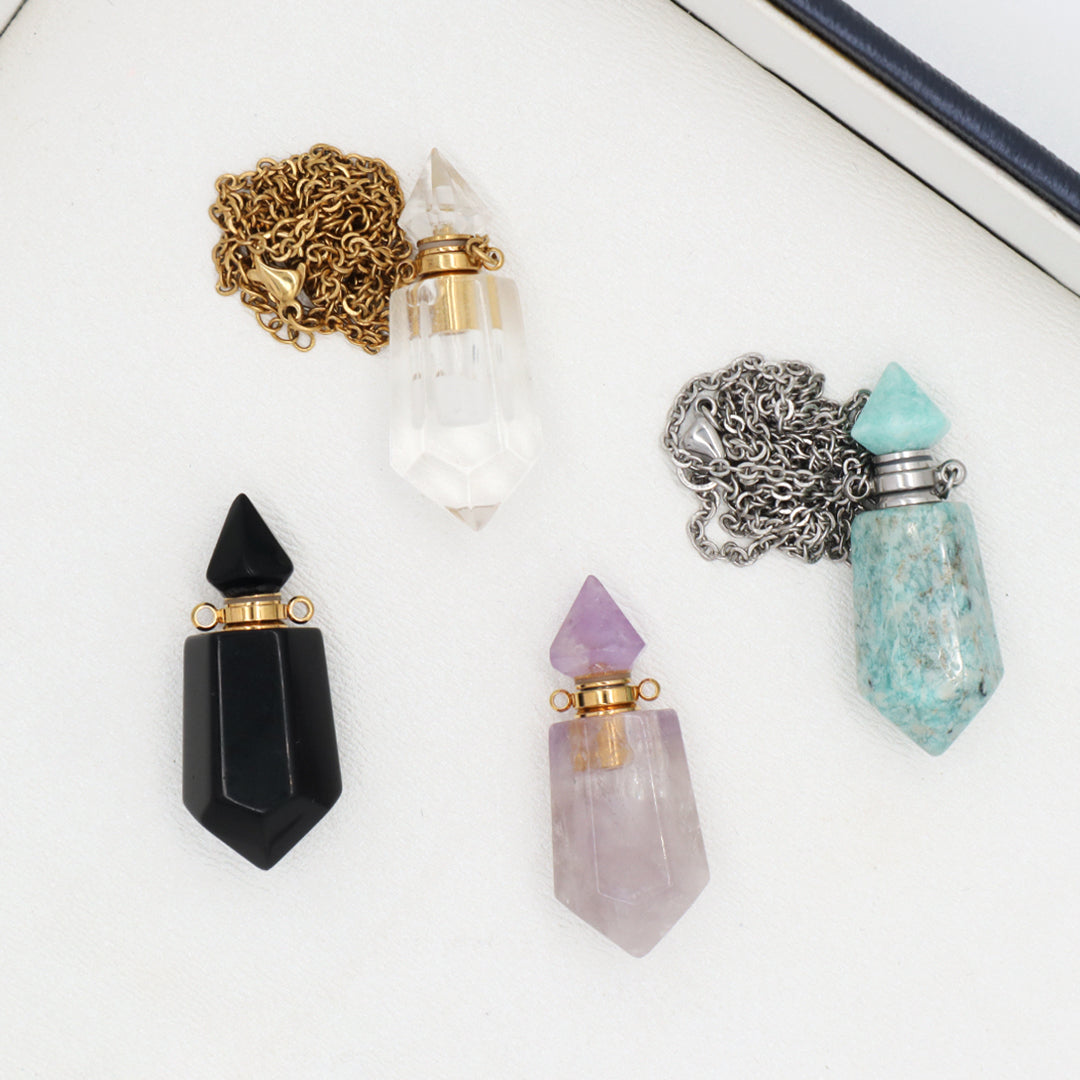 Custom Perfume Bottle 18K Gold plated stainless steel Chain light amethyst clear quartz amazonite onyx Natural Stone Necklace