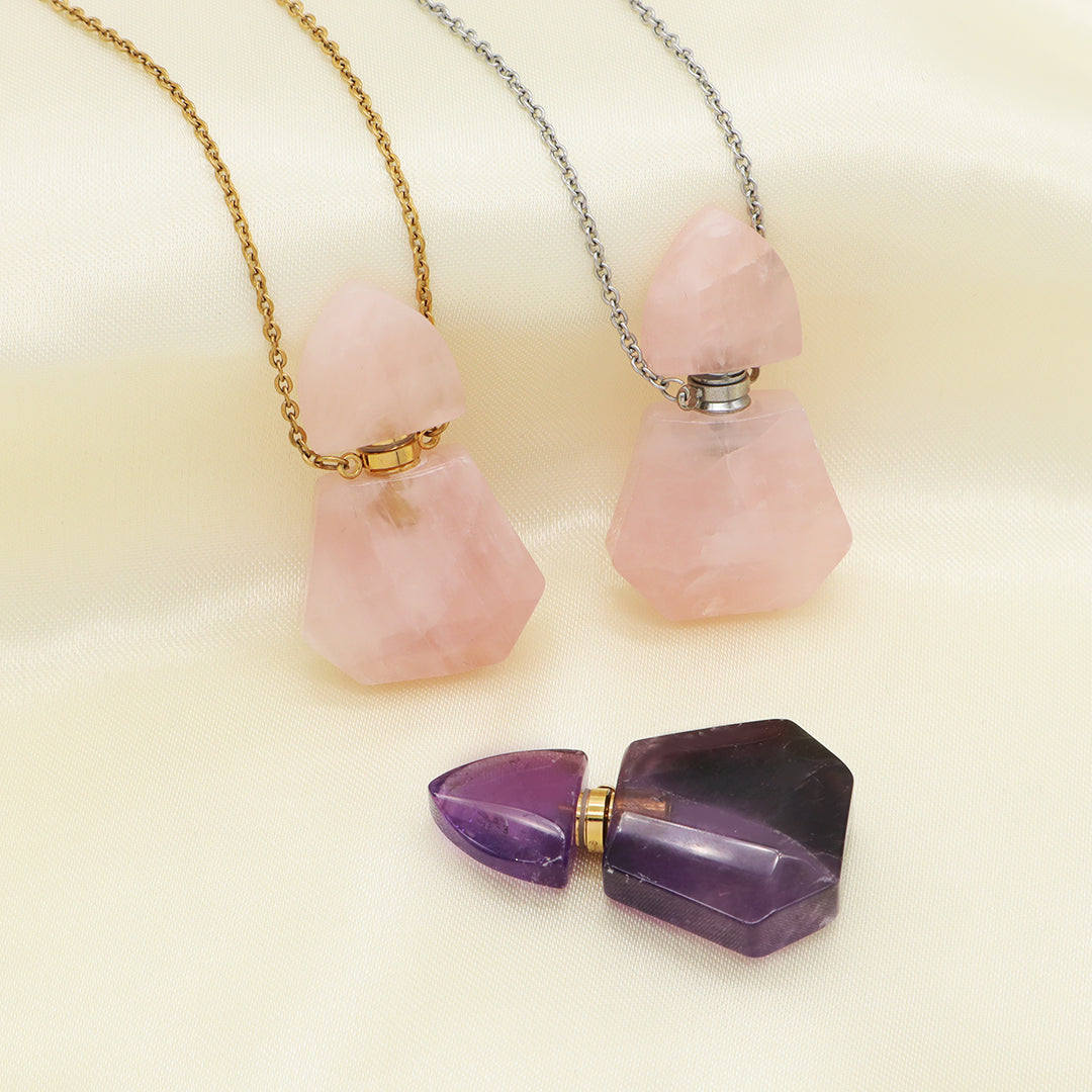 Custom Women Girl Gift 18K Gold plated stainless steel Chain Natural Stone amethyst Pink quartz Perfume Bottle Pendant Necklace